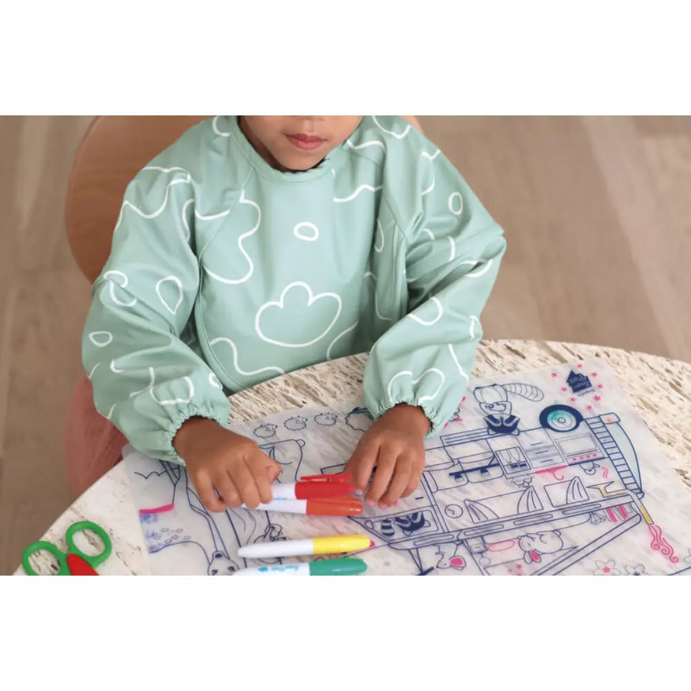 Beaba 2-in-1 Waterproof Bib with Detachable Sleeves, Foldable Food Catcher Pocket, Adjustable Snap Fit &amp; Elastic Cuffs, Soft &amp; Easy-Clean Bib for Feeding &amp; Activities, 4M+