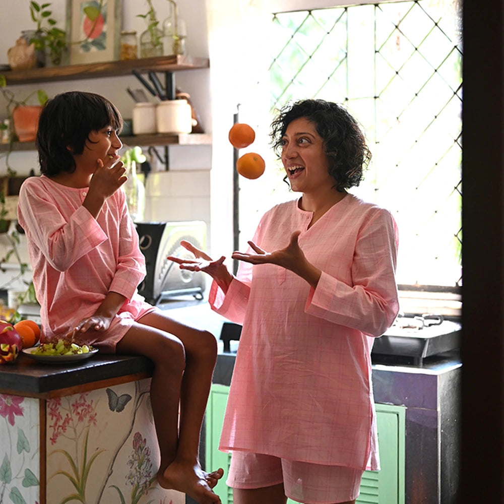 Love The World Today ‘Sleepover Party’ Kurta and Shorts Co-ord Set - Pink Checks