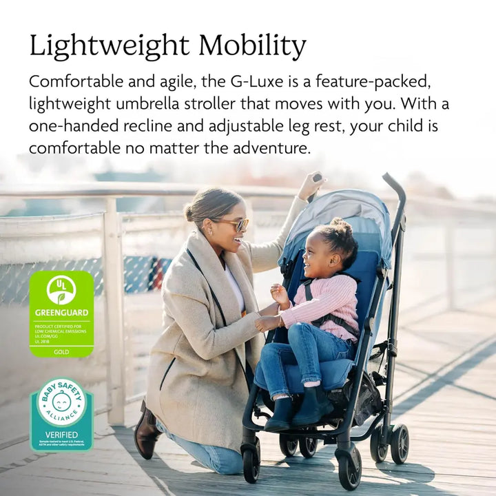 UPPAbaby G-Luxe Lightweight Compact Stroller, Easy Fold, Flat Recline, Travel Friendly, Includes Cup Holder, Carry Strap, Sun Canopy up to 4 years - Blue/Charlotte