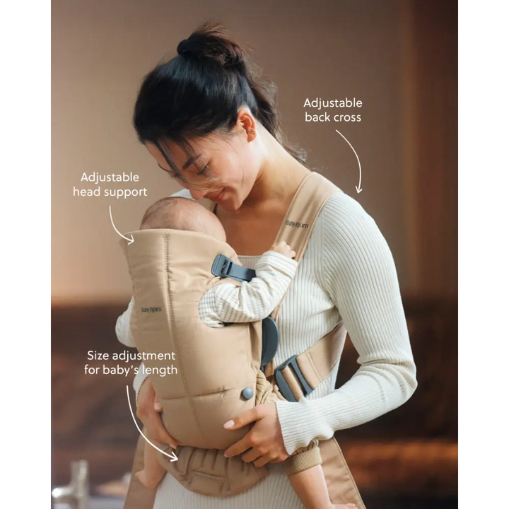 BabyBjorn Mini Baby Carrier (Woven), Soft &amp; Lightweight Fabric, 3 Carrying Positions, Ergonomic “M” Position and Head Support, Adjustable Waistbelt &amp; Cross Straps, Easy to Use, Birth to 12 Months (upto 11kg) - Beige