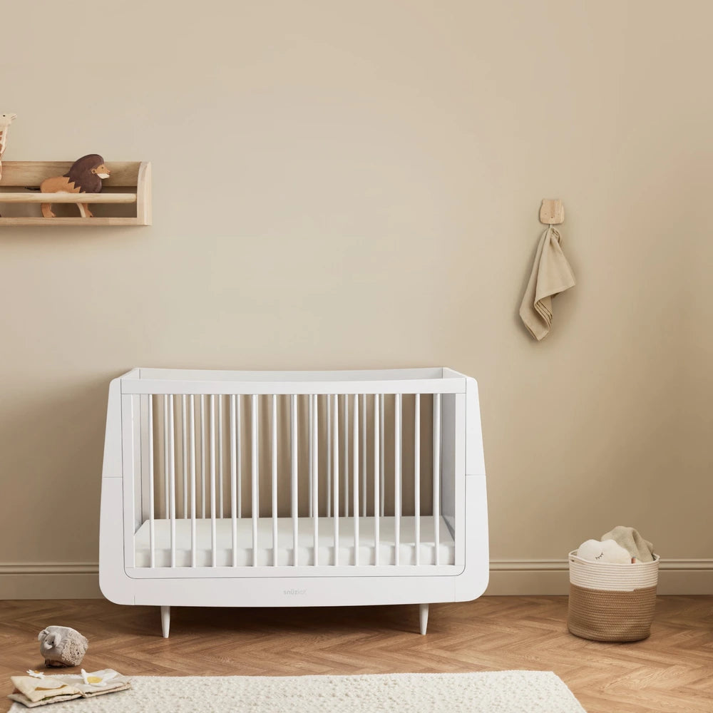 SnuzKot Convertible Cot &amp; Bed from Birth to 4 Years - Adjustable 3 Height Settings, Includes Mattress, Safe and Durable Wooden Crib with Breathable Airflow Design - White
