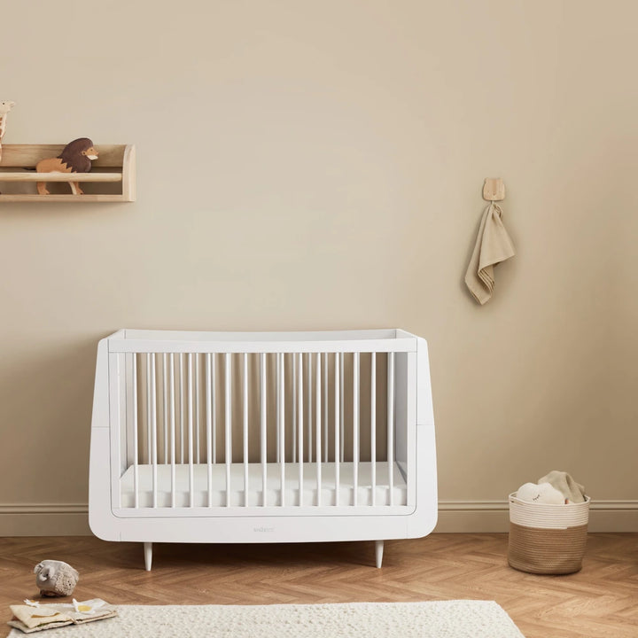 SnuzKot Convertible Cot &amp; Bed from Birth to 4 Years - Adjustable 3 Height Settings, Includes Mattress, Safe and Durable Wooden Crib with Breathable Airflow Design - White