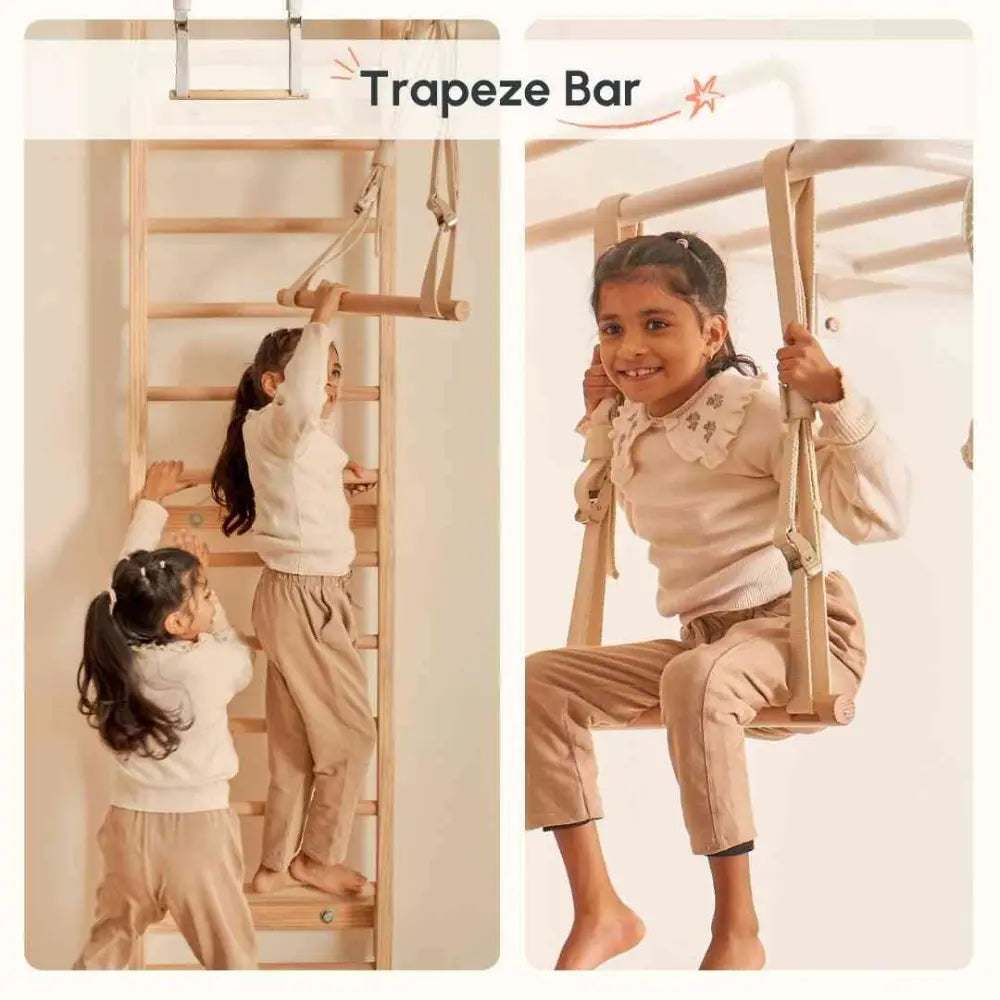 Curious Cub Ultimate Jungle Gym 2 | 6 Components - Monkey Bar, Wooden Ladder, Rope Ladder, Gymnastic Rings, Swing Trapeze bar | Ages 4-15 Years