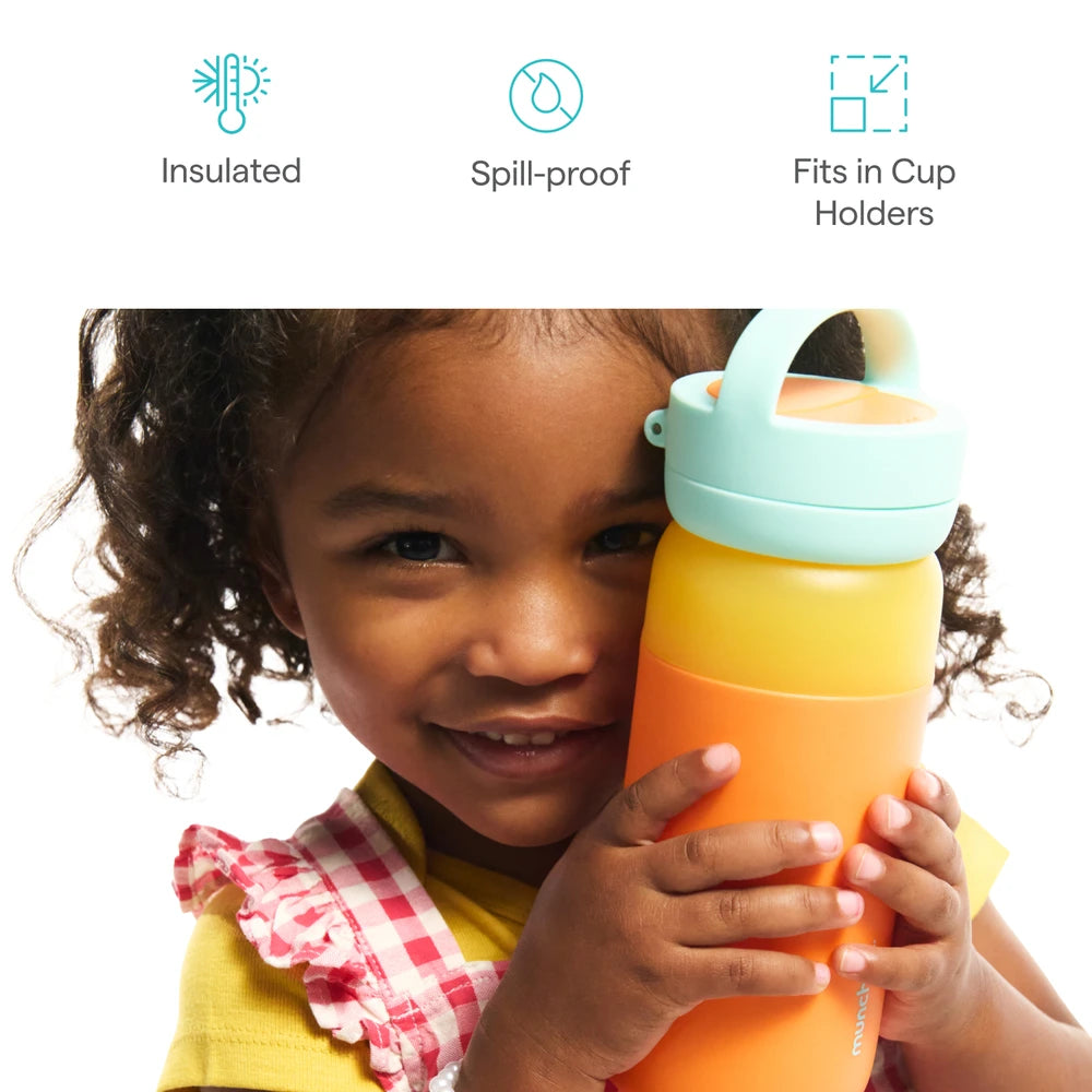 Munchkin Stay Cool Insulated Water Bottle, 355ml/ 12oz, Toddler Straw Bottle, With Flip Flop Lid &amp; Carrying Handle, Spill Proof valve, 24+ Months - Blue