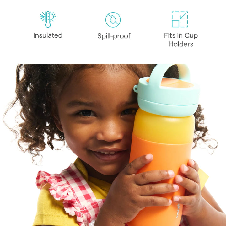 Munchkin Stay Cool Insulated Water Bottle, 355ml/ 12oz, Toddler Straw Bottle, With Flip Flop Lid &amp; Carrying Handle, Spill Proof valve, 24+ Months - Blue