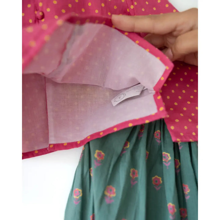 Love The World Today Kopal Magenta Polka Blouse &amp; Green Floral Booti Lehenga Set For Girls