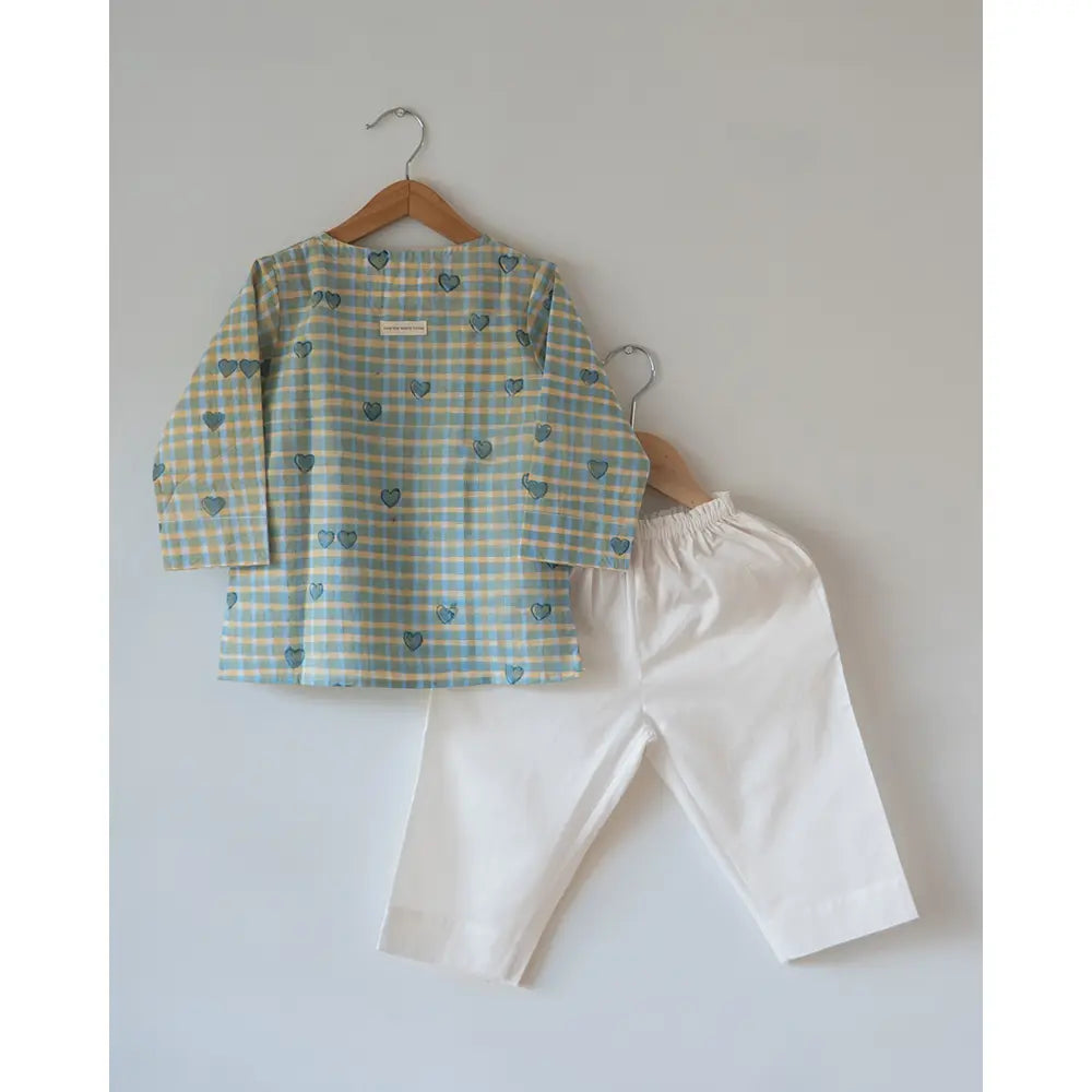 Love The World Today I want to be like Grandpa Kurta Pajama set in Blue Baked with Love Print - White