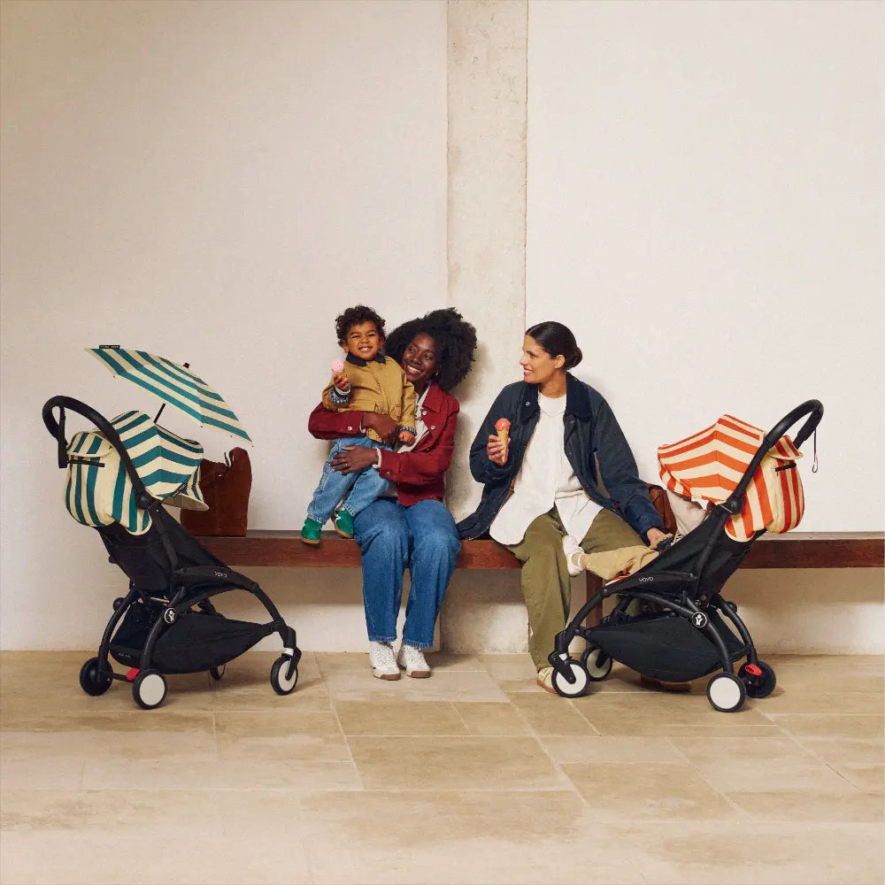Stokke YOYO3 Riviera Stroller - Limited Edition Summer Collection | Includes Matching Seat Cushion, Canopy &amp; Parasol | Cabin Friendly Ultra Compact Fold | UPF 50+ Sun Protection | Lightweight at 6.7 kg | 6 Months to 4 Years - Black/Monaco