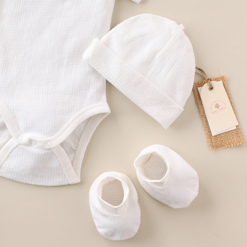 Baby Forest Poshaak Baby Bodysuit set with Cap, Mitten & Booties - Pearl White