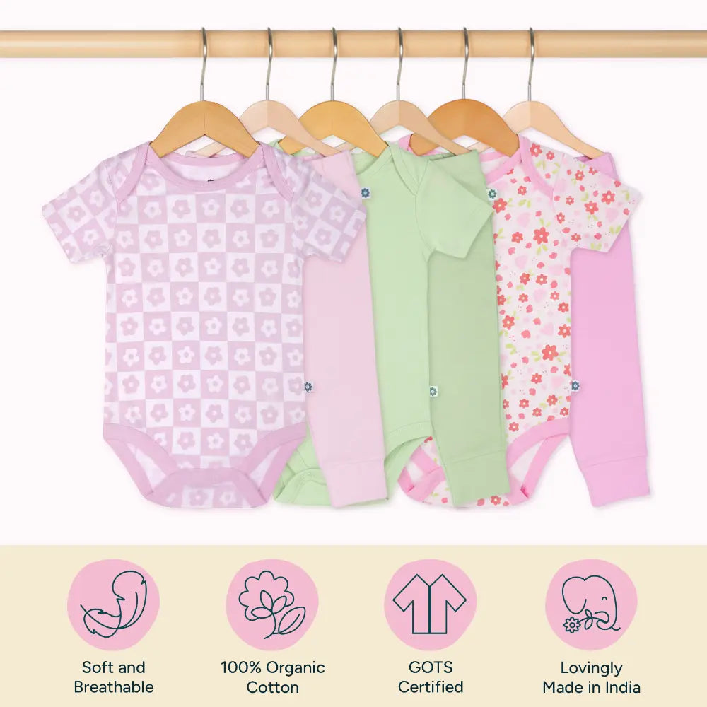 Nintara Baby 100% Cotton Unisex Bodysuit &amp; Pant Set – Baby Bloom (Pack of 3)
