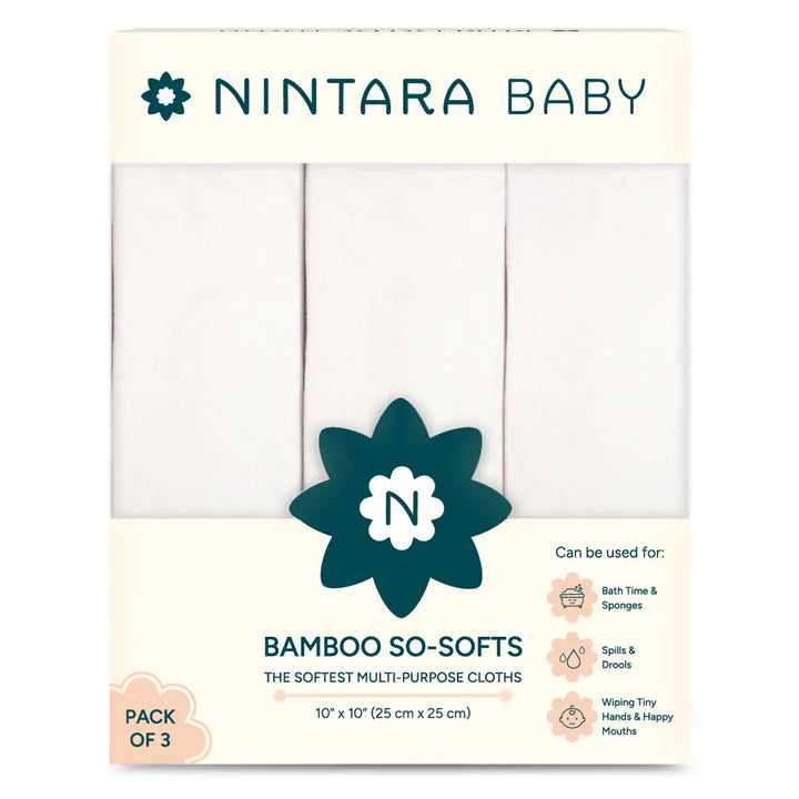 Nintara Baby So - Softs Bamboo Wash Cloths, Quick - Drying, 10" x 10", Pack of 3 - White