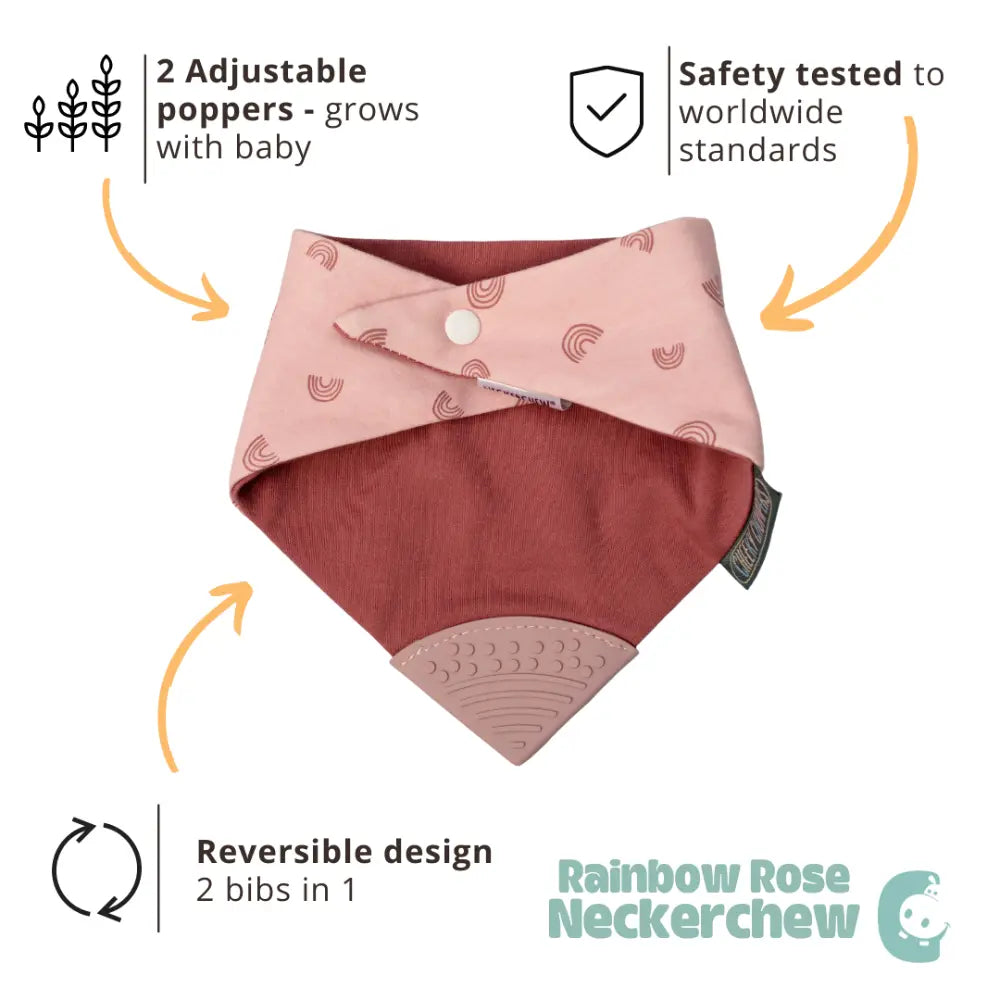 Cheeky Chompers Neckerchew for Babies &amp; Toddlers, Reversible Bib with Attached Silicone Teether, Super Absorbent, BPA-Free, 2–24 Months - Rainbow Rose