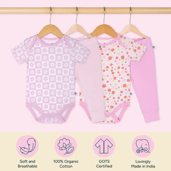 Nintara Baby 100% Cotton Unisex Bodysuit &amp; Pant Set – Baby Bloom (Pack of 2)