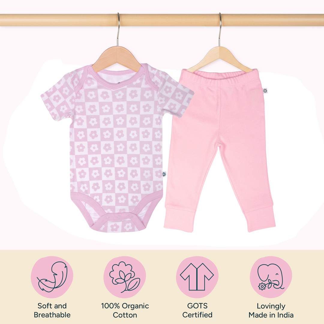Nintara Baby 100% Cotton Unisex Bodysuit &amp; Pant Set – Baby Bloom (Pack of 1)