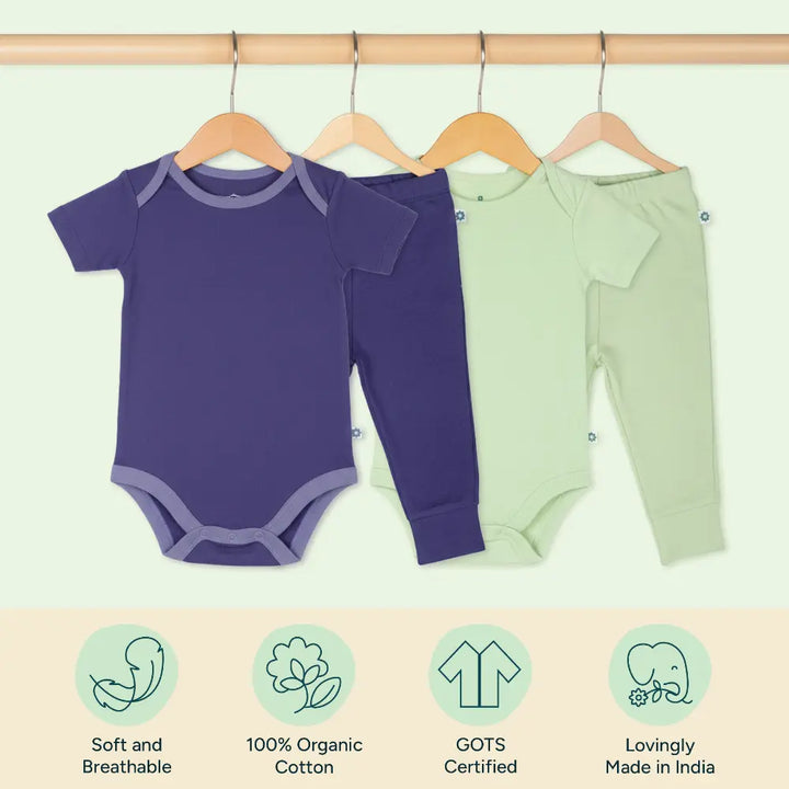 Nintara Baby 100% Cotton Unisex Bodysuit &amp; Pant Set – Simple Solids (Pack of 2)