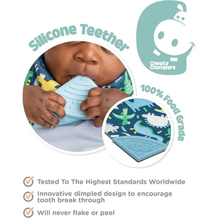 Cheeky Chompers Neckerchew for Babies &amp; Toddlers, Reversible Bib with Attached Silicone Teether, Super Absorbent, BPA-Free, 2–24 Months - Baby Dino