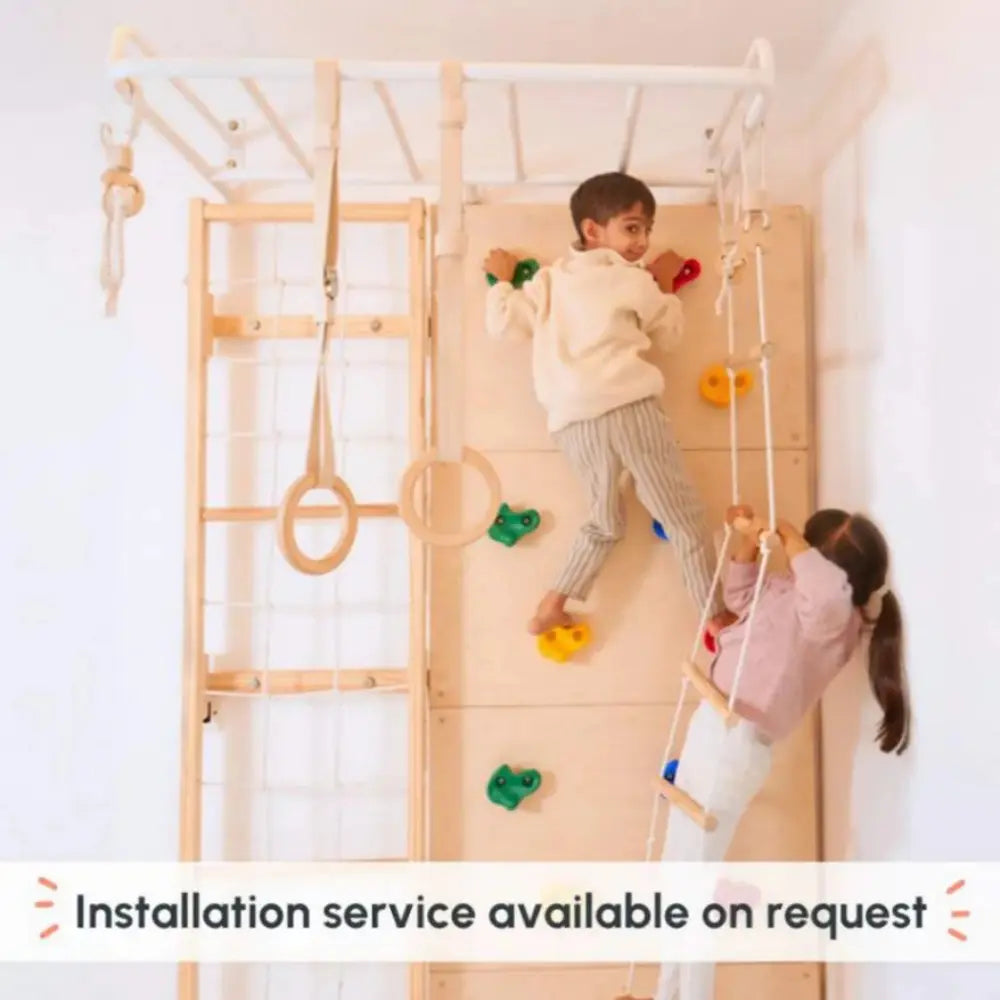 Curious Cub Space Saver Jungle Gym 2 | 6 Components - Rope Ladder, Rock Climbing, Wobble Ladder, Monkey Bar, Gymnastic Rings, Disk Swing | Ages 4-15 Years