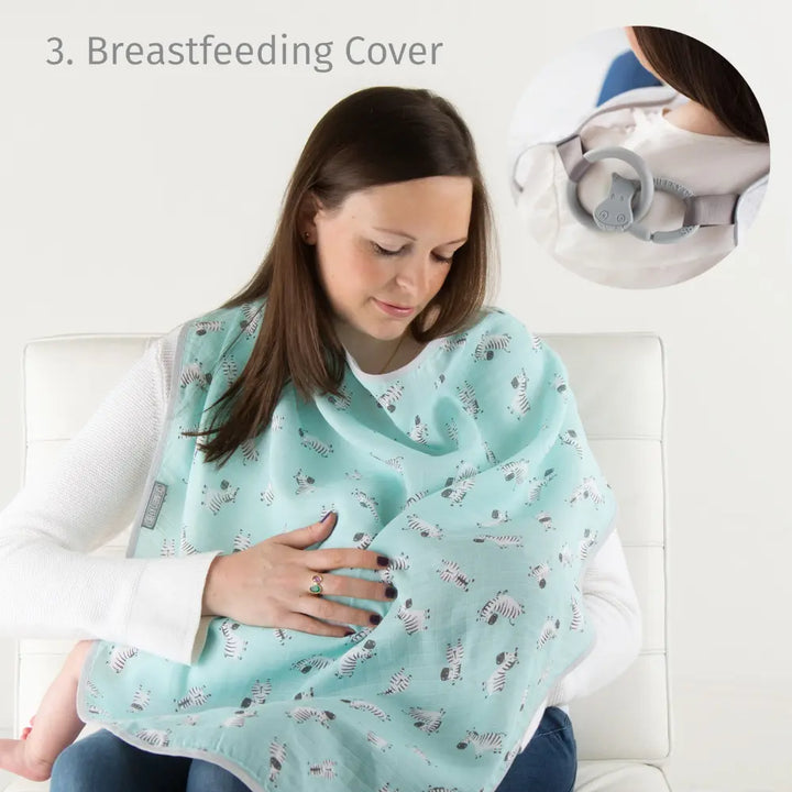 Cheeky Chompers 6-in-1 Muslin Breastfeeding Cover &amp; Teething Cloth, Bamboo &amp; Organic Cotton, Multi-Use Baby Essential with Silicone Teething Rings, Lightweight &amp; Breathable, Newborn+ - Silver Stars