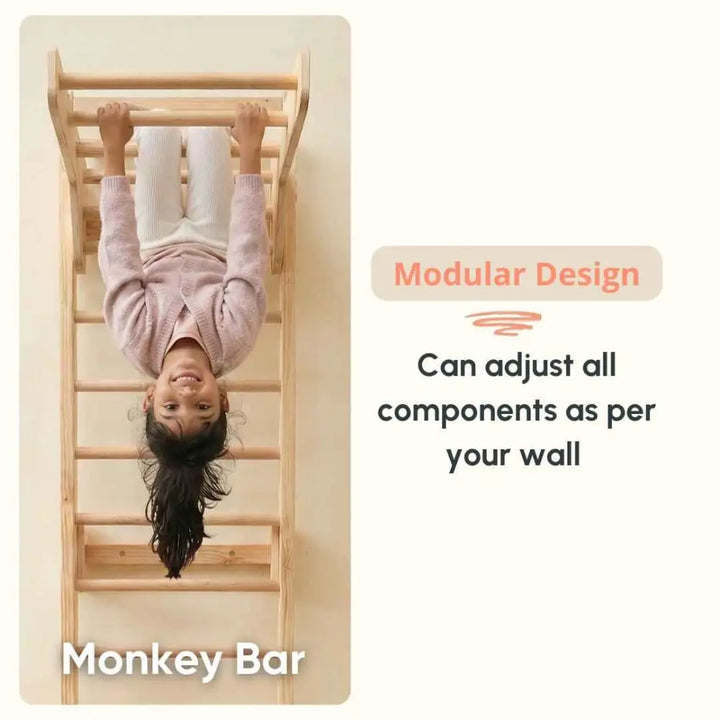 Curious Cub L-Shaped Corner Jungle Gym | 5 Components - Wooden Ladder, Moveable Monkey Bar, Rock Climbing, Rope ladder, Gymnastic Rings | Ages 4-15 Years