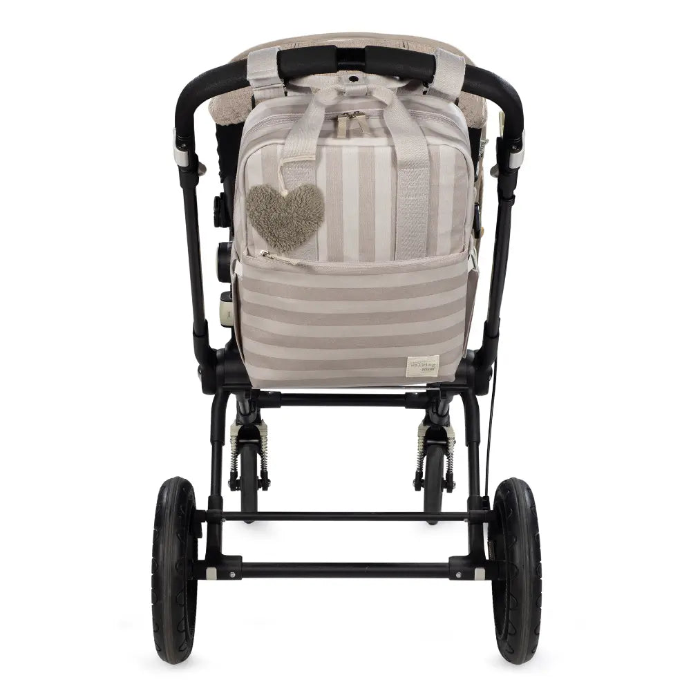 Walking Mum Diaper Backpack with Changing Pad, Large Capacity, Water-Resistant with Multi-Pocket Organizer, Insulated Bottle Pocket, Shoulder &amp; Stroller Straps, Personalized Charm, Striped Print - Beige