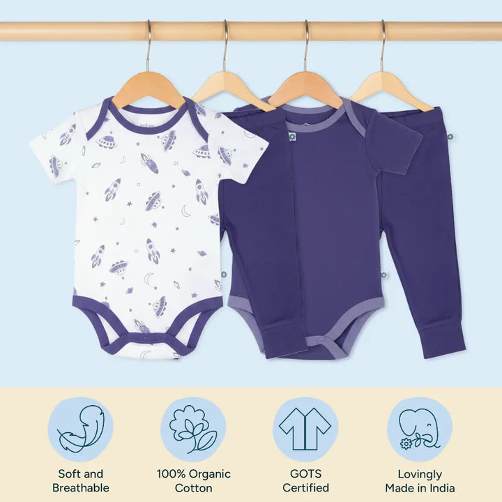 Nintara Baby 100% Cotton Unisex Bodysuit &amp; Pant Set – Up in space (Pack of 2)
