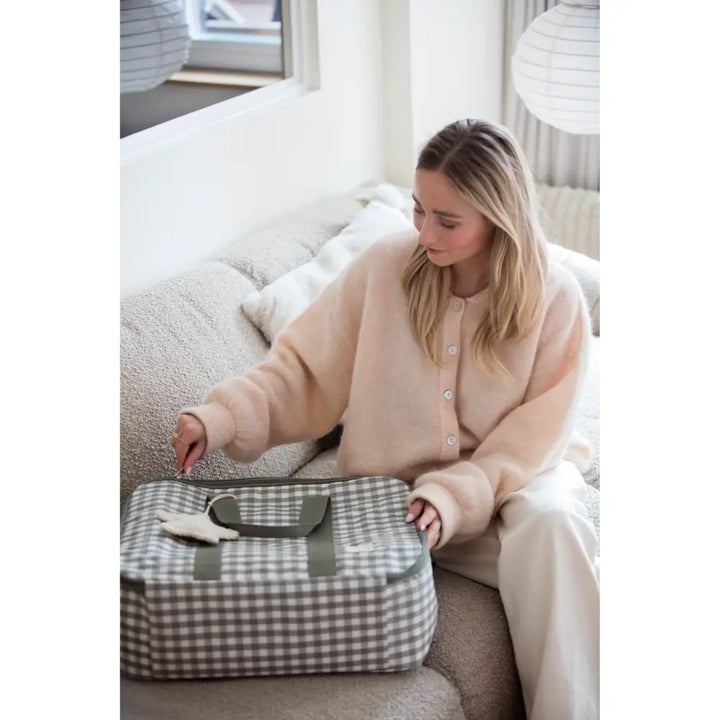 Walking Mum Maternity Hospital Bag with Large Capacity, Water-Resistant Multi-Storage Organizer, Hand Handles &amp; Shoulder Straps, Personalized Charm, Checkered Print - Stone