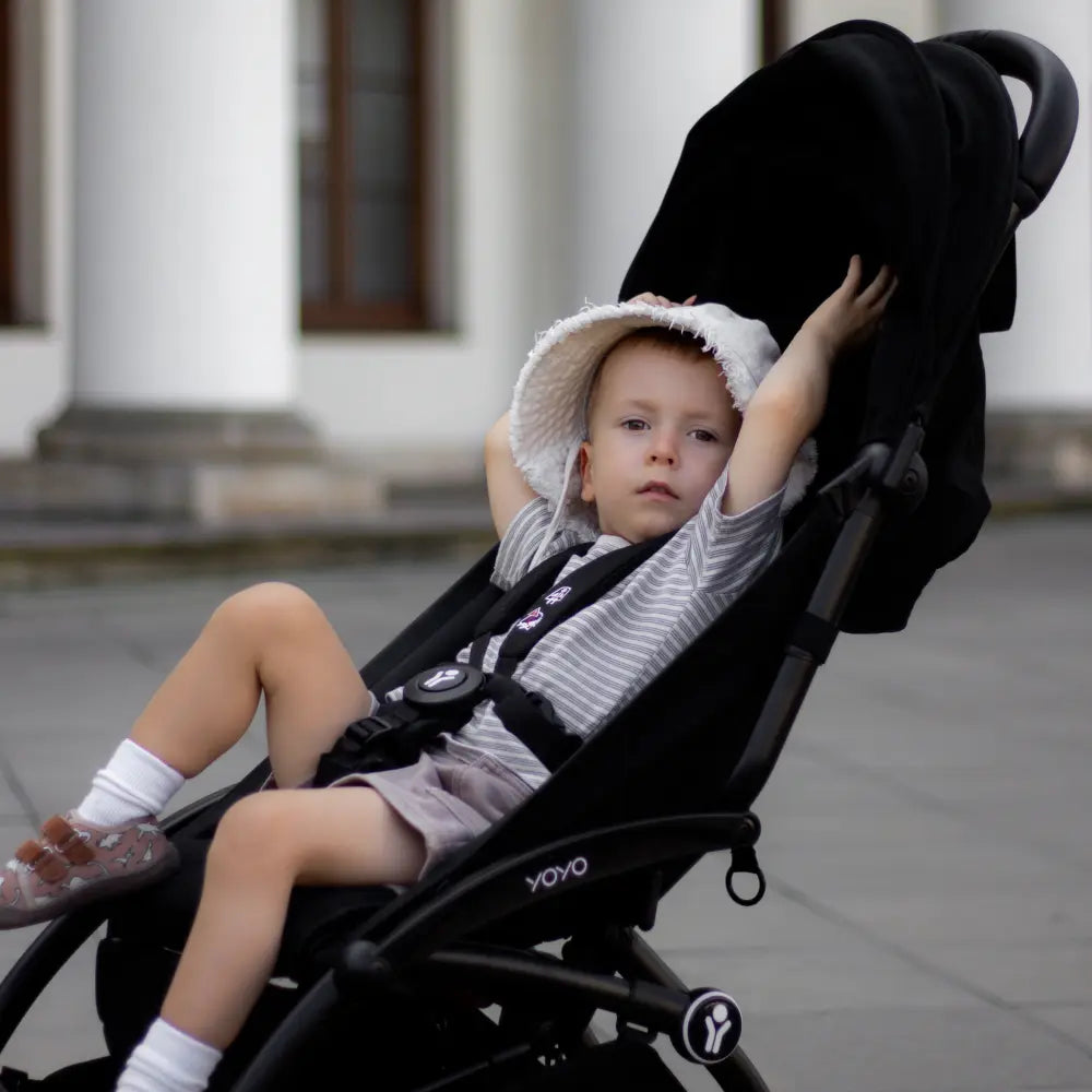Stokke YOYO3 Stroller | Lightweight Compact Travel Stroller for Babies | Cabin Friendly &amp; Foldable | UPF 50+ Sun Protection | 5 Point Safety Harness | Award Winning Design | YOYO Stroller India | 6 Months to 4 Years - Black/Black