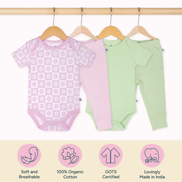 Nintara Baby 100% Unisex Cotton Bodysuit &amp; Pant Set – Soft Bloom (Pack of 2)