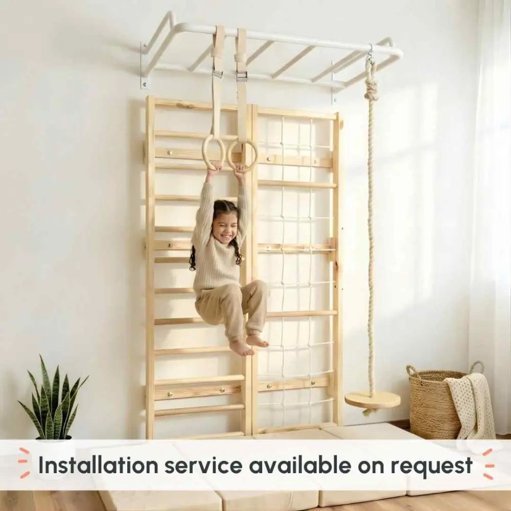 Curious Cub Space Saver Jungle Gym 4 | 5 Components - Wooden Ladder, Rope Ladder, Monkey Bar, Gymnastics Rings, Disk Swing | Ages 4-15 Years