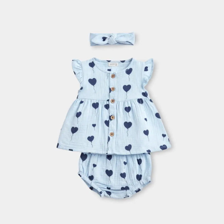 Pattuti Sustainable Muslin Baby Girl Frock Set With Panty &amp; Hairband | Balloon Print Dress Set For Kids | Soft Breathable Summer Wear