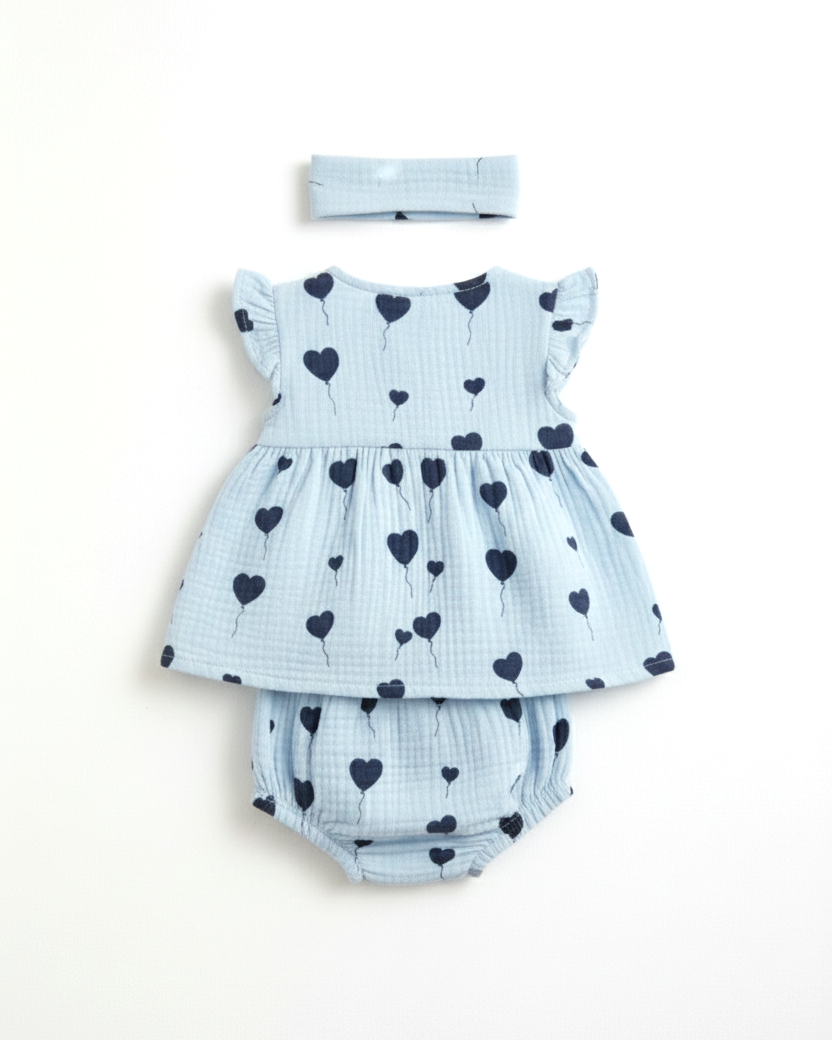 Pattuti Balloon Double Gauge Baby Girl Dress Set With Hairband | Stylish Kids Outfit | Soft Breathable Summer Wear