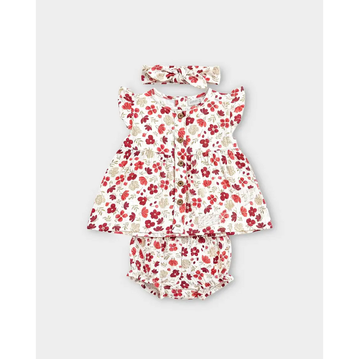 Pattuti Floral Double Gauge Baby Girl Dress Set With Hairband | Printed Kids Outfit | Soft Breathable Summer Wear