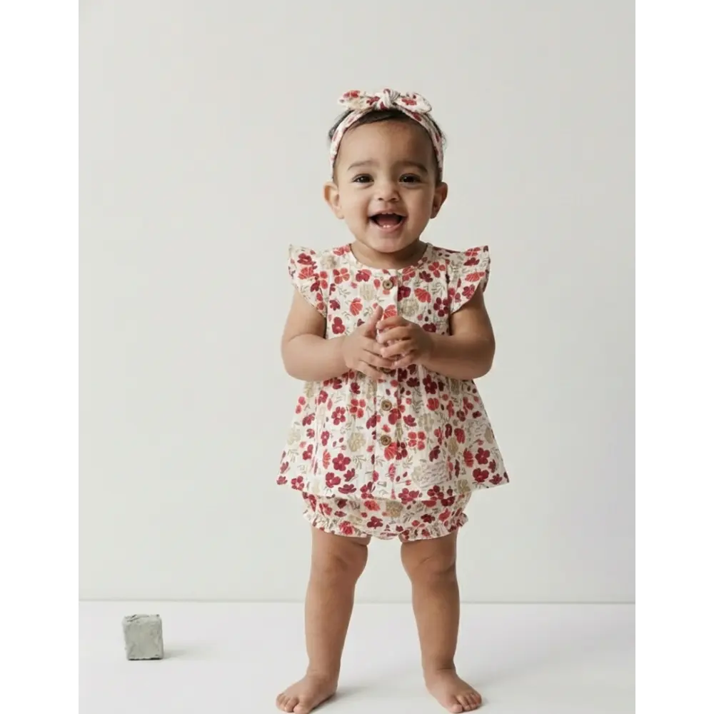 Pattuti Floral Double Gauge Baby Girl Dress Set With Hairband | Printed Kids Outfit | Soft Breathable Summer Wear