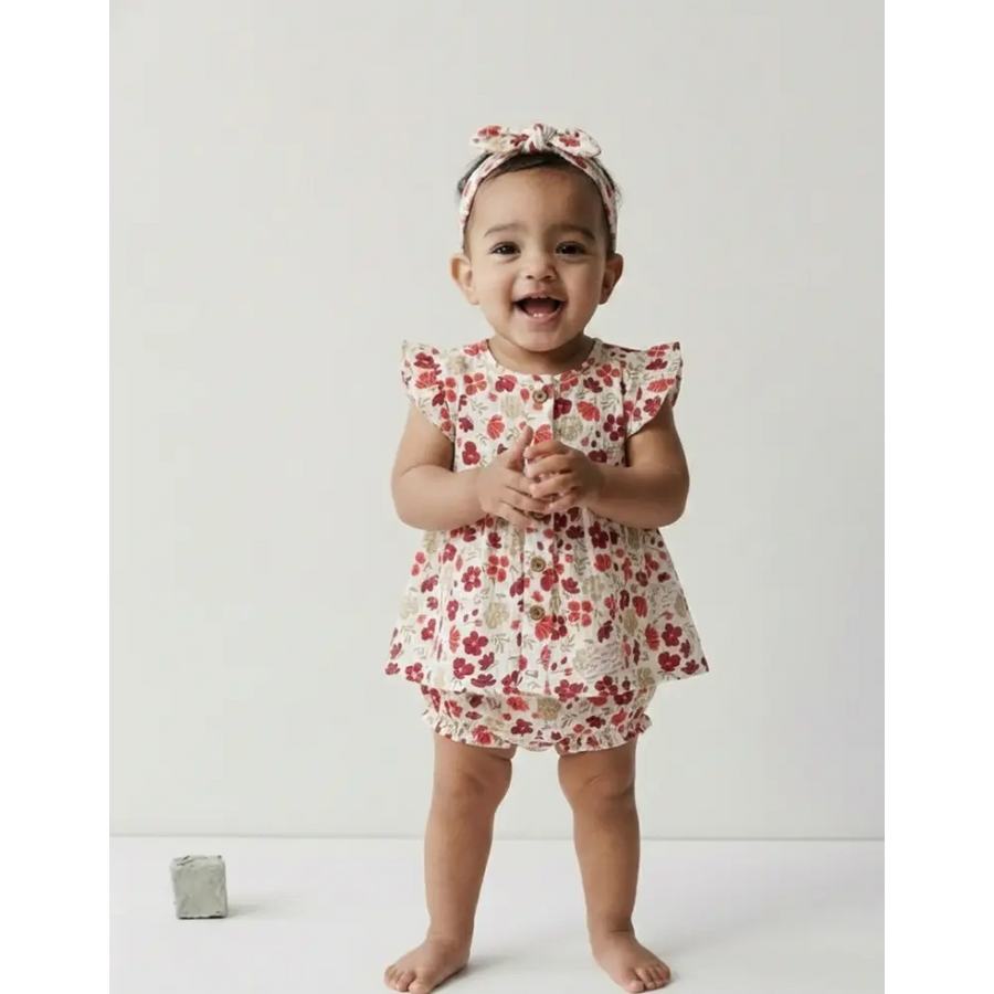 Pattuti Floral Double Gauge Baby Girl Dress Set With Hairband | Printed Kids Outfit | Soft Breathable Summer Wear