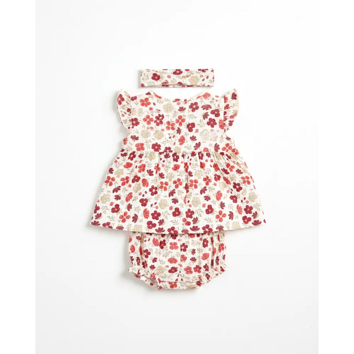 Pattuti Floral Double Gauge Baby Girl Dress Set With Hairband | Printed Kids Outfit | Soft Breathable Summer Wear