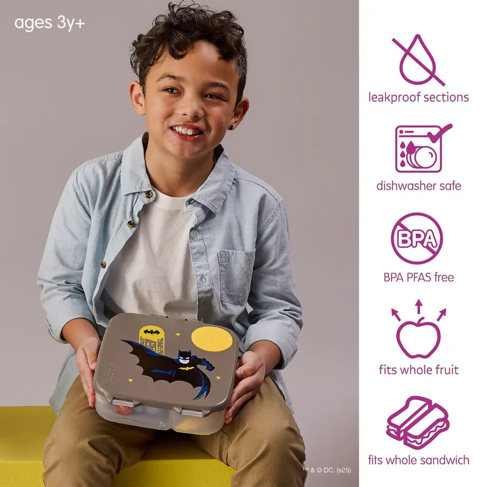 B.Box Warner Bros Batman Kids Lunchbox – 2 Litre, Leak-Proof Bento Style with Gel Cooler Pack, Adjustable Divider &amp; Whole Fruit Compartment – Multicolor