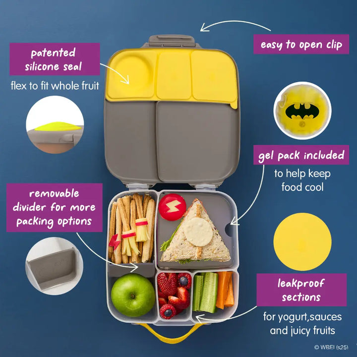 B.Box Warner Bros Batman Kids Lunchbox – 2 Litre, Leak-Proof Bento Style with Gel Cooler Pack, Adjustable Divider &amp; Whole Fruit Compartment – Multicolor