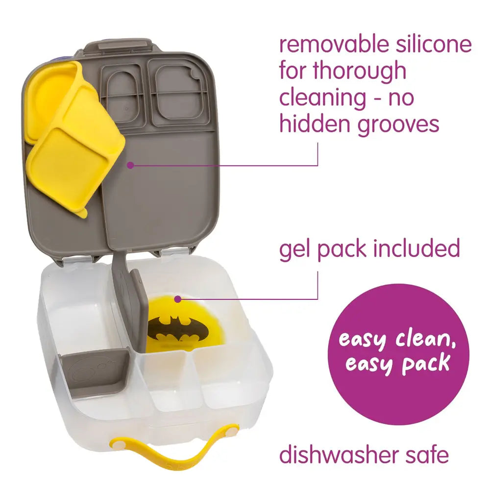 B.Box Warner Bros Batman Kids Lunchbox – 2 Litre, Leak-Proof Bento Style with Gel Cooler Pack, Adjustable Divider &amp; Whole Fruit Compartment – Multicolor