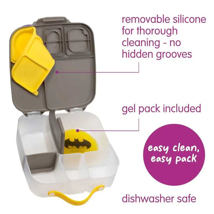 B.Box Warner Bros Batman Kids Lunchbox – 2 Litre, Leak-Proof Bento Style with Gel Cooler Pack, Adjustable Divider &amp; Whole Fruit Compartment – Multicolor