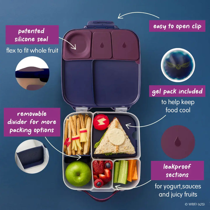 B.Box Warner Bros Harry Potter Kids Lunchbox – 2 Litre, Leak-Proof Bento Style with Gel Cooler Pack, Adjustable Divider &amp; Whole Fruit Compartment – Multicolor