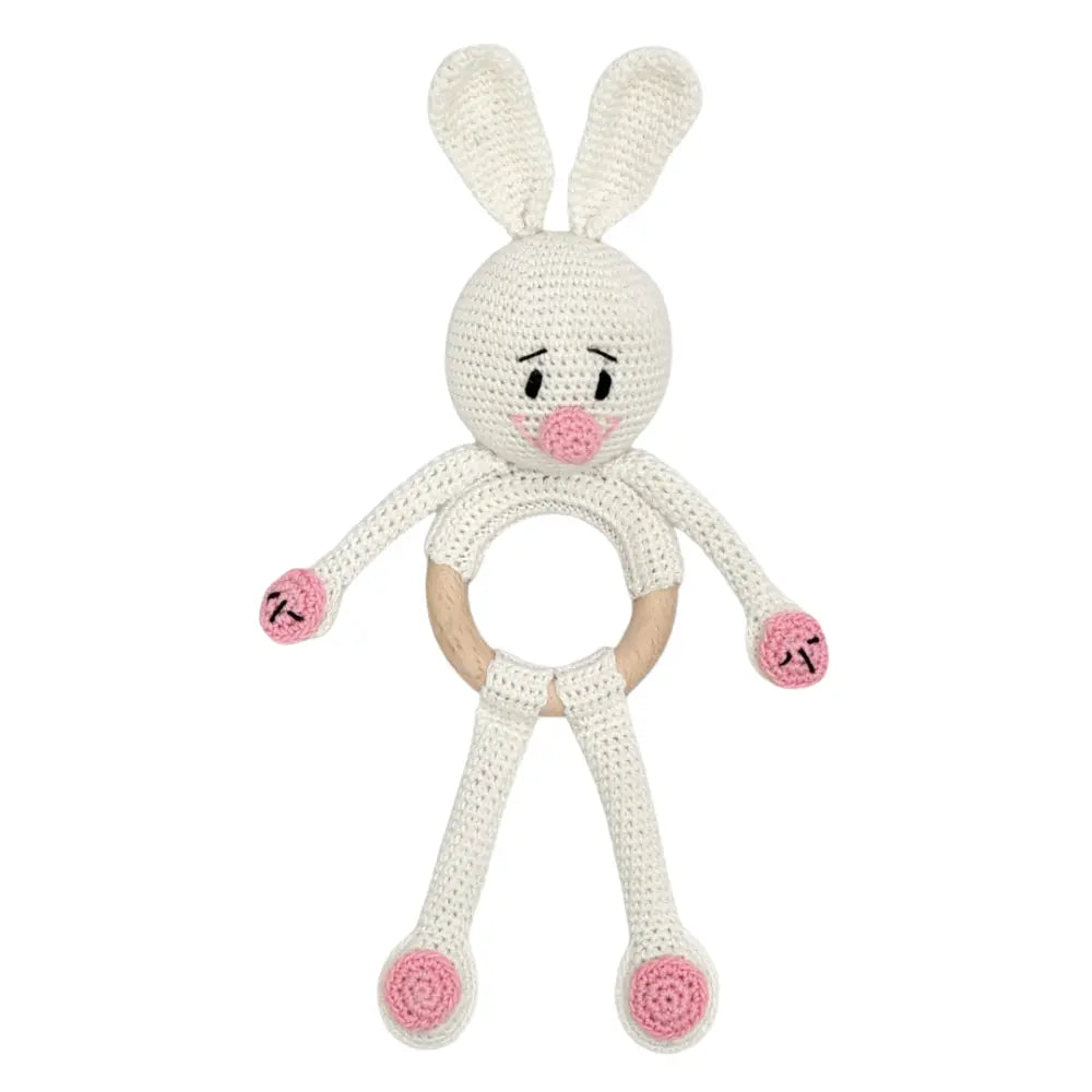 Happy Threads Cuddly Bunnies Rattle Toy- Handmade Baby Toy for Early Play