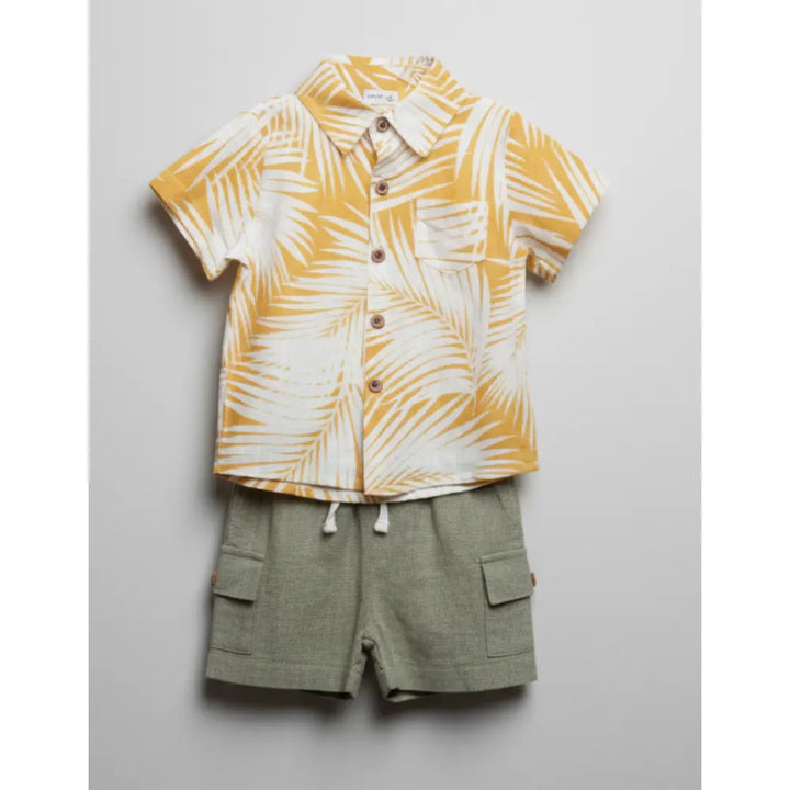 Pattuti Sustainable Linen Blend Set Of Tropical Print Shirt With Shorts - Yellow