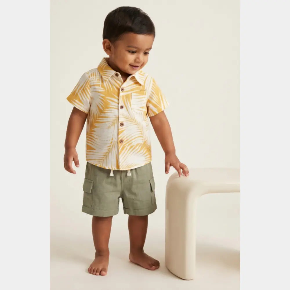Pattuti Sustainable Linen Blend Set Of Tropical Print Shirt With Shorts - Yellow
