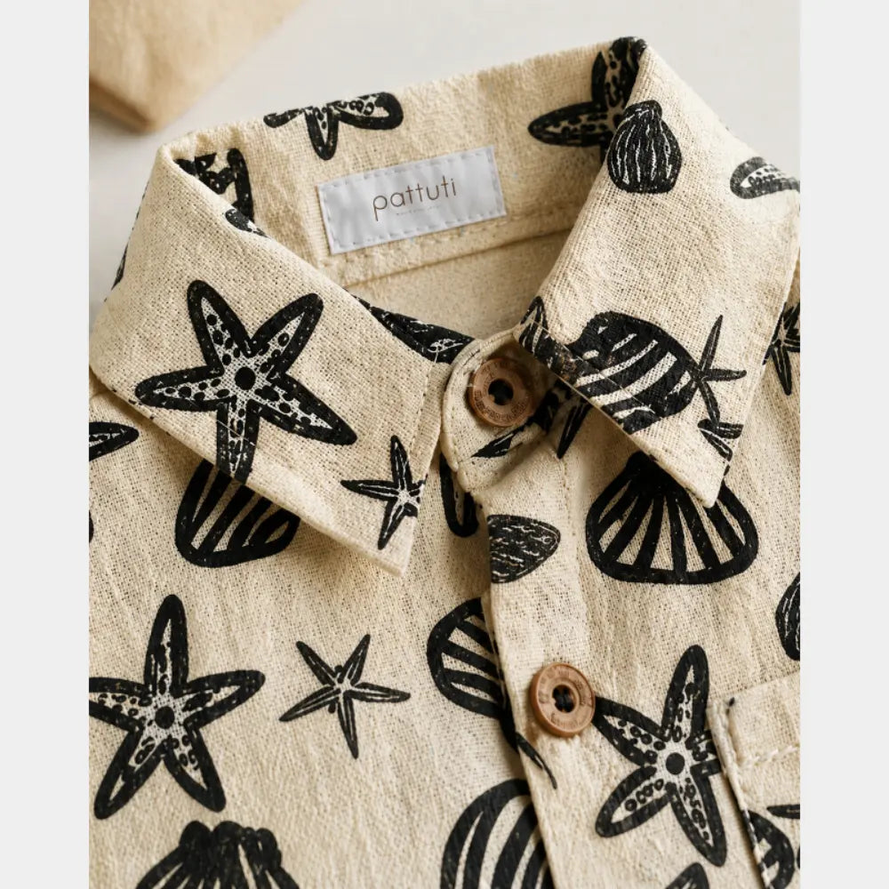 Pattuti Sustainable Linen Blend Set Of Seashore Print Shirt With Shorts - Black