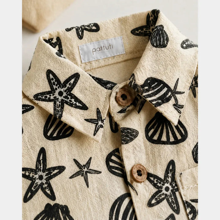 Pattuti Sustainable Linen Blend Set Of Seashore Print Shirt With Shorts - Black