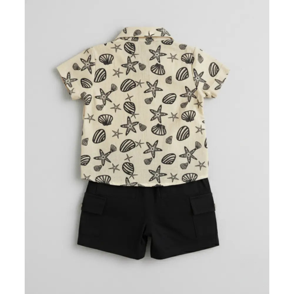 Pattuti Sustainable Linen Blend Set Of Seashore Print Shirt With Shorts - Black