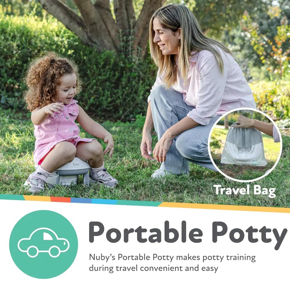 Nuby On-The-Go Portable Potty Seat | Travel Toilet Seat for Boys and Girls 18+ Months - Includes Storage Bag and Disposable Potty Liners |Toddler Travel Essentials | Toddler Potty Training Toilet - Gray/White