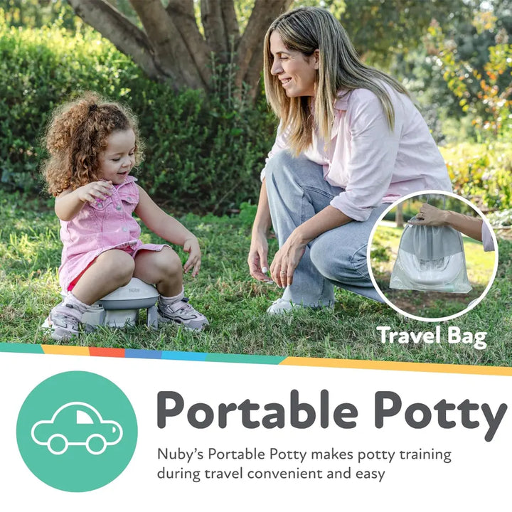 Nuby On-The-Go Portable Potty Seat | Travel Toilet Seat for Boys and Girls 18+ Months - Includes Storage Bag and Disposable Potty Liners |Toddler Travel Essentials | Toddler Potty Training Toilet - Gray/White