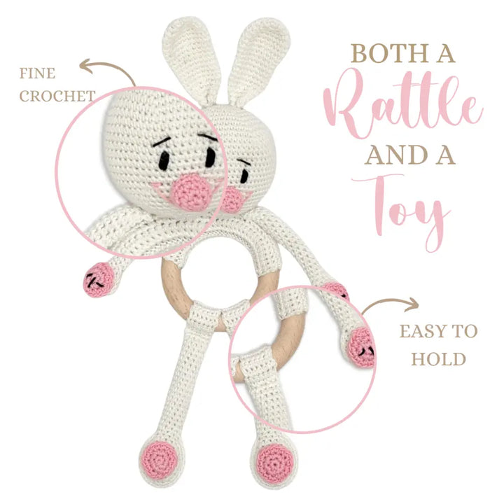 Happy Threads Cuddly Bunnies Rattle Toy- Handmade Baby Toy for Early Play