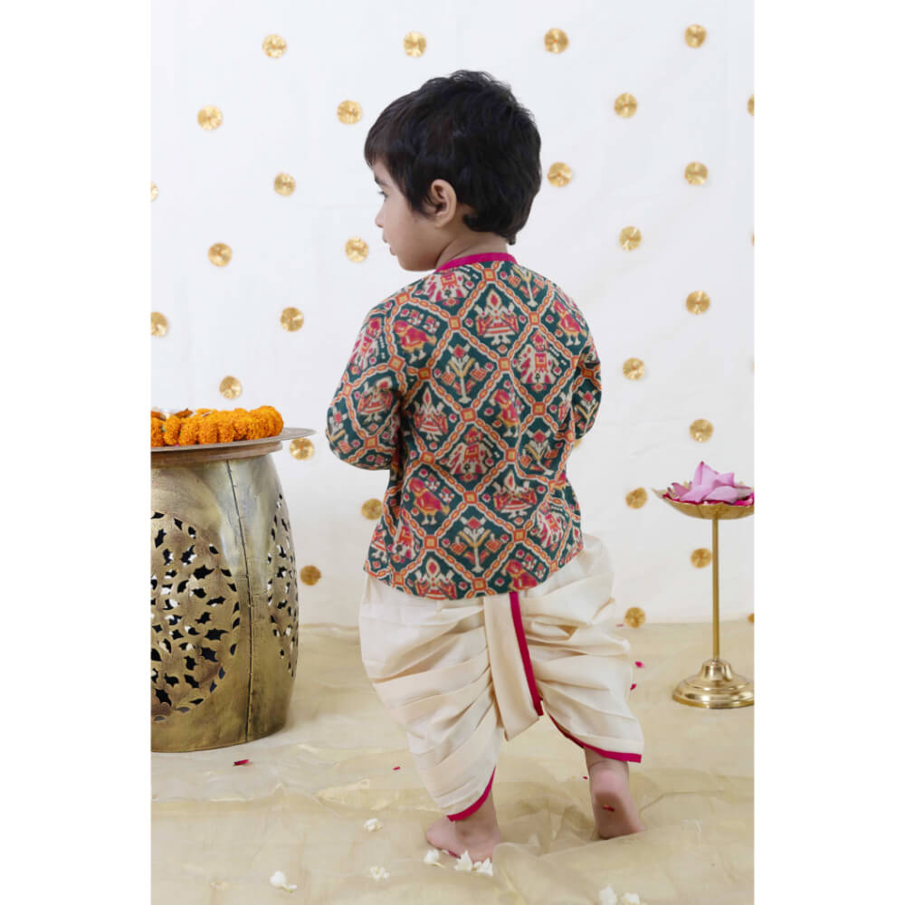 Tiber Taber Baby Boy Patola Print Cotton Dhoti Kurta Set - Green